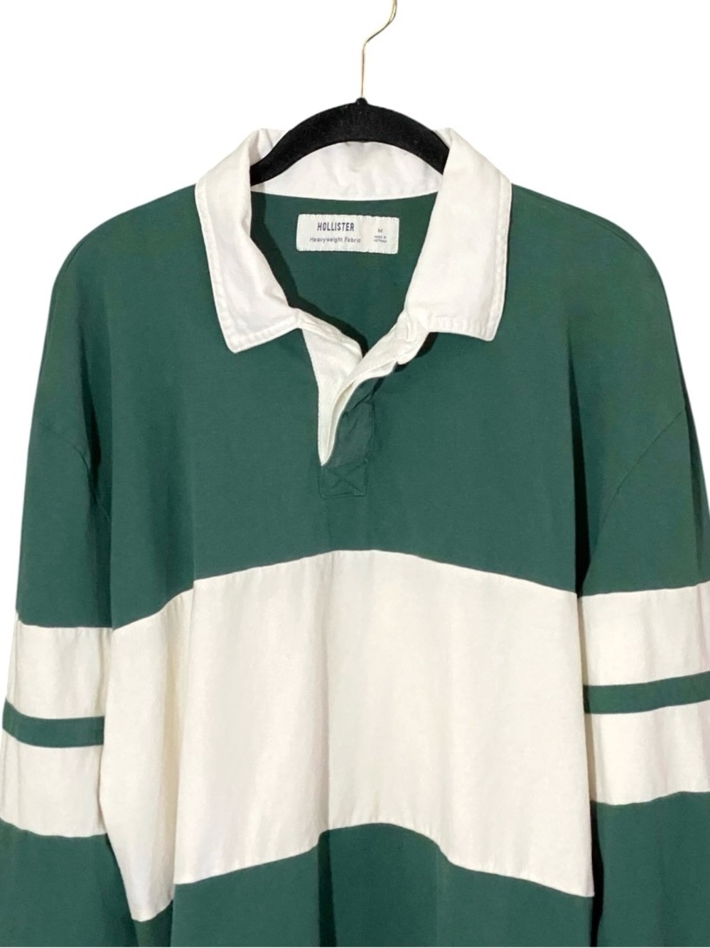 Hollister Green Rugby Shirt M Heavyweight Cotton Striped Long Sleeve Preppy - Picture 3 of 8